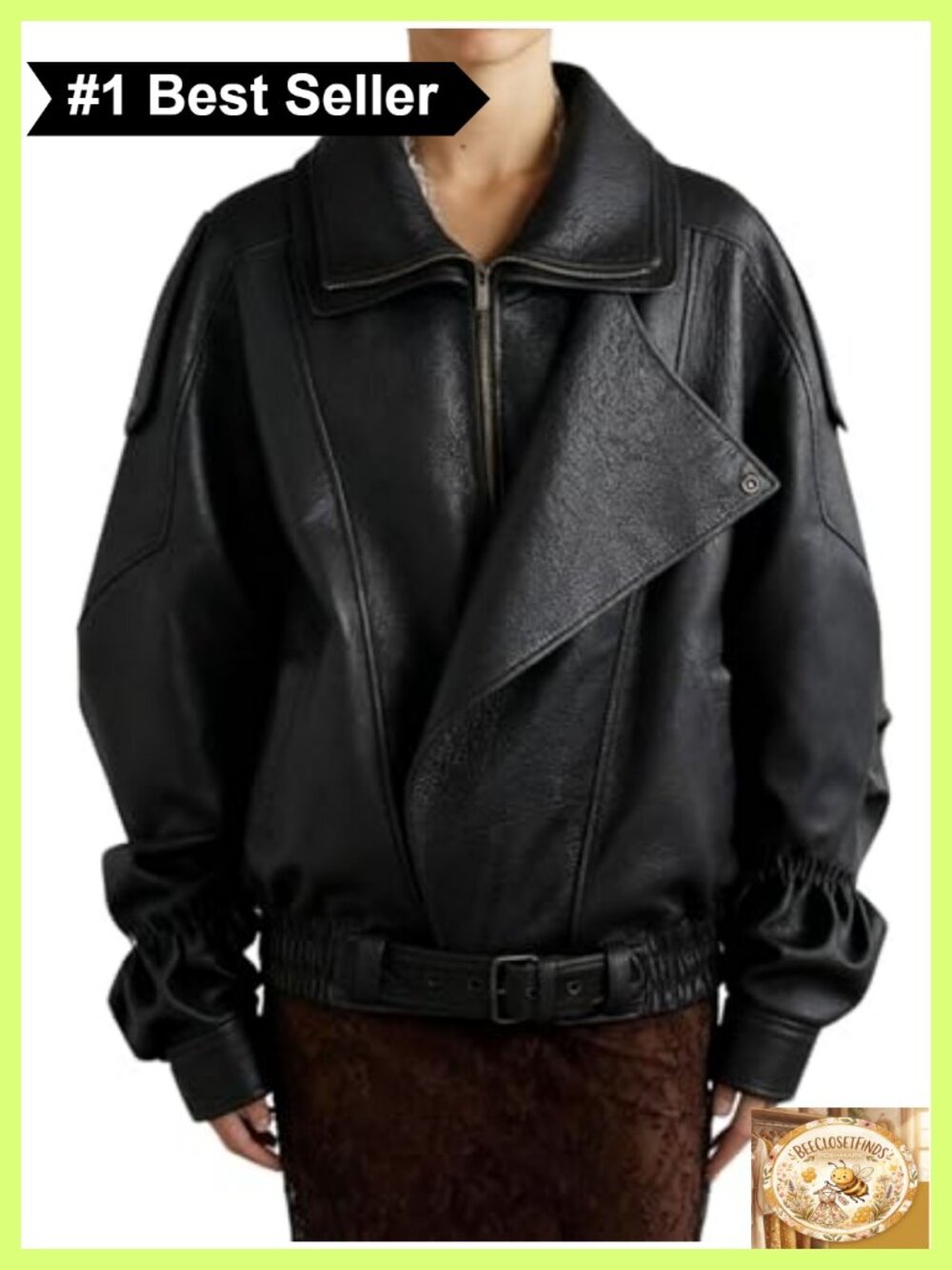 Oversized Faux Leather Moto Biker Jacket with Belt Large Collar